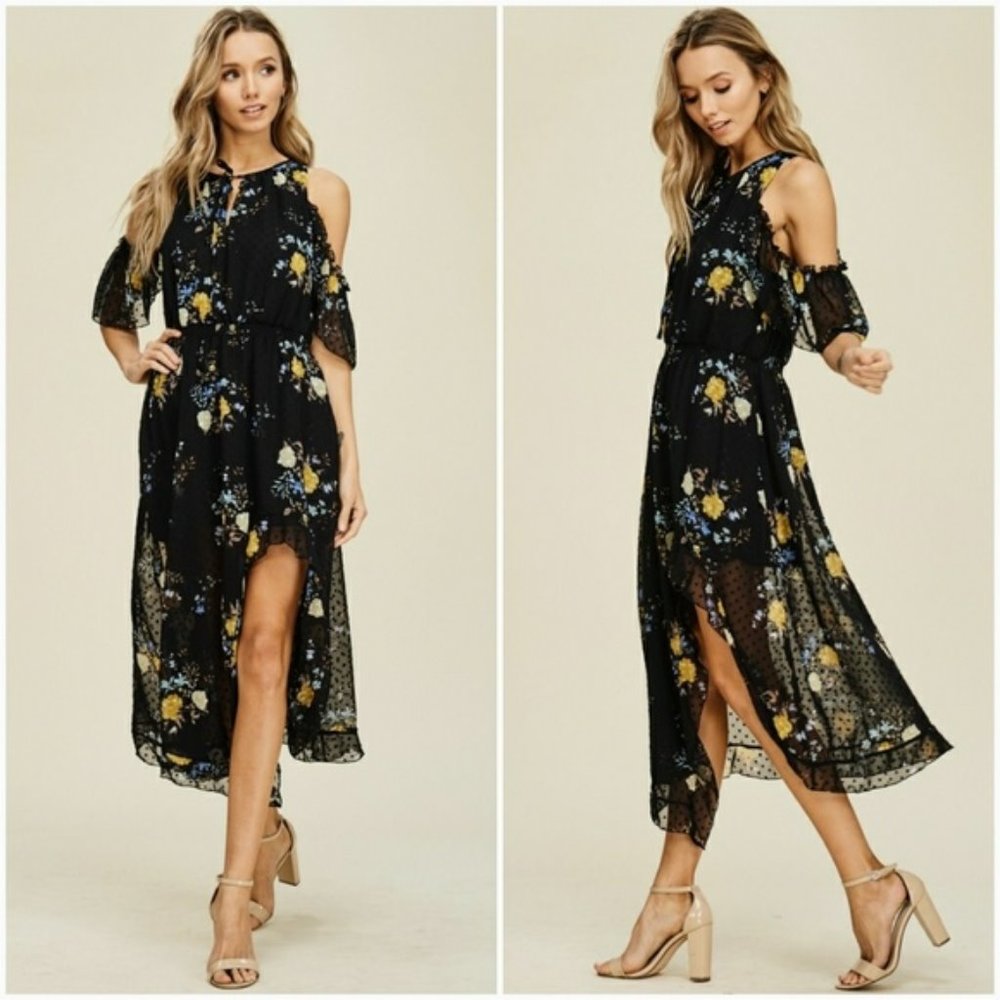 Black Dot Embroidery Floral Ruffle Dress- Medium